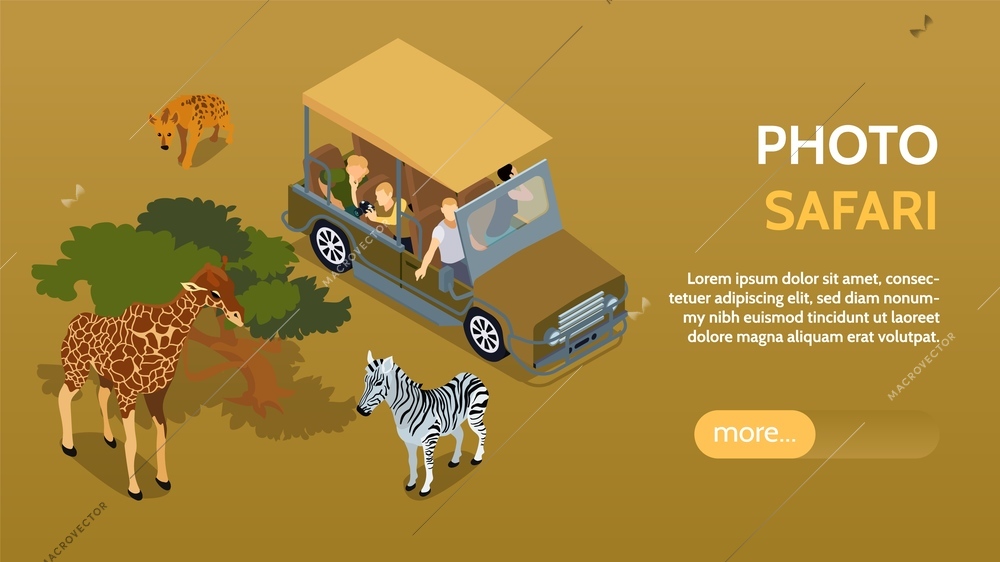 Isometric safari horizontal banner with desert animals and car with tourists with editable text and button vector illustration