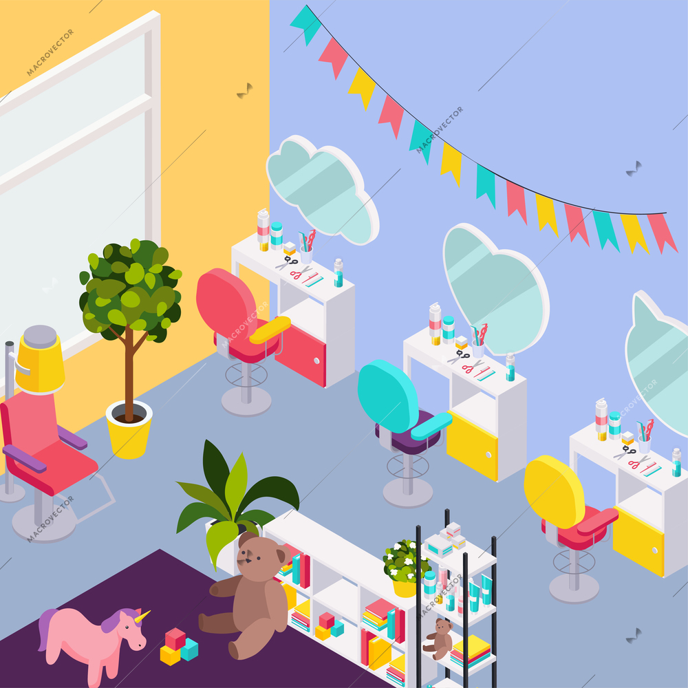 Children hairdresser beauty salon isometric composition with indoor interior toys and chairs with mirrors and tables vector illustration