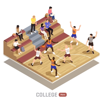 Basketball isometric composition with text and view of college students audience and team members during game vector illustration