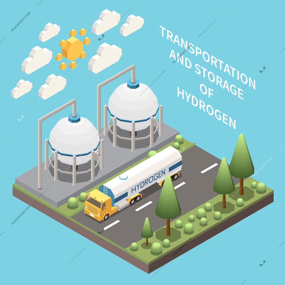 Green sustainable energy solutions isometric composition with hydrogen storage tanks fuel transportation truck tanker vector illustration