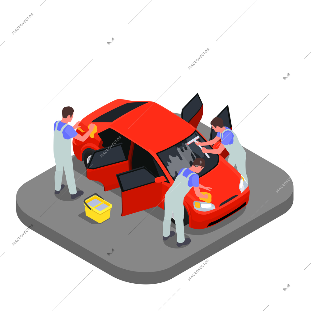 Colored isometric car wash icon set three employees of car wash wipe car windows and use sponges to wipe outside vector illustration