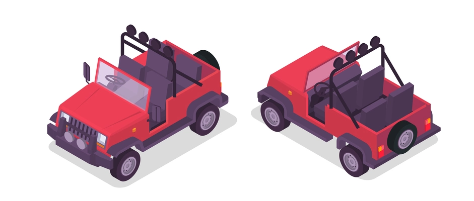 Safari colored and isometric icon set with two red pickup trucks for safari travel vector illustration