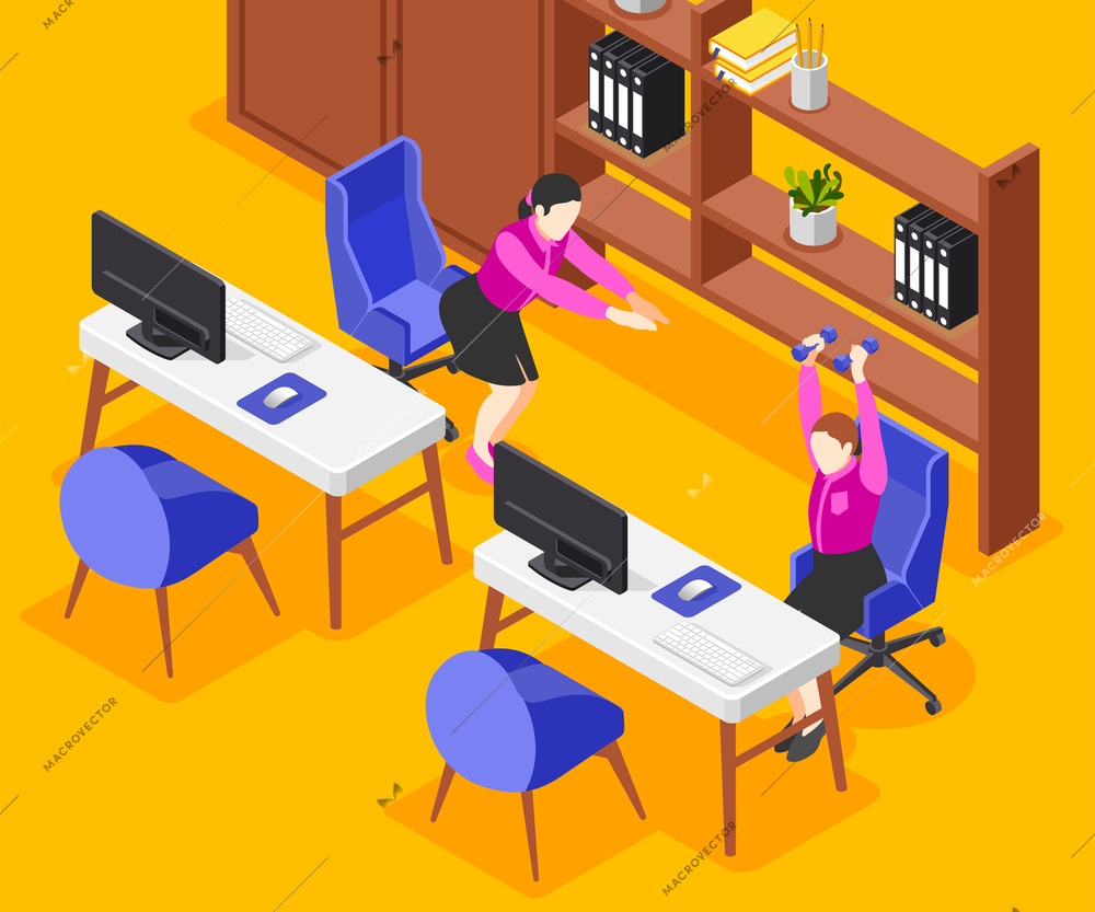 Office stretches isometric background with two female employees training at work tables with laptop vector illustration
