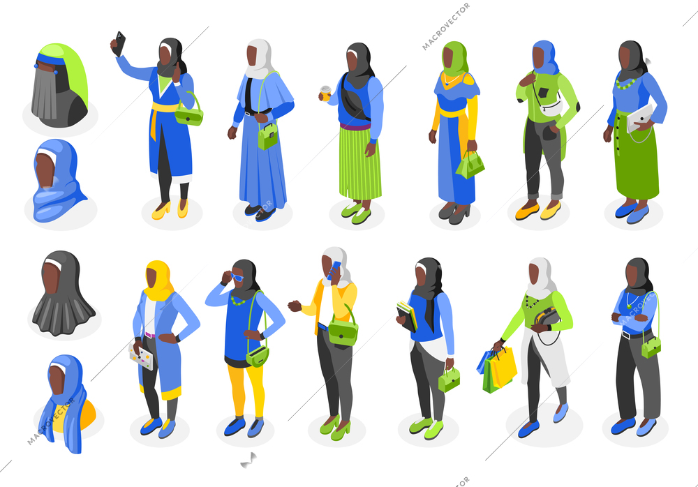 Set of muslim female characters with dark brown skin in traditional headdress hijab isolated icons vector illustration