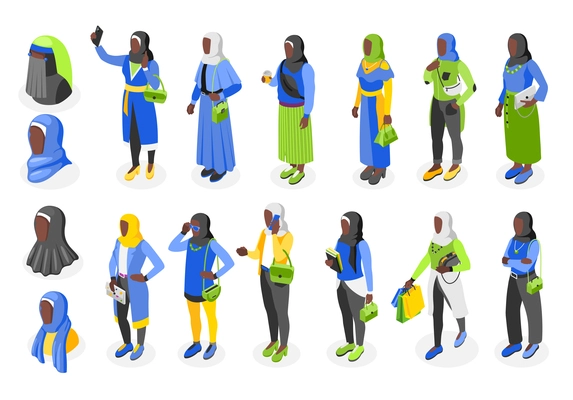 Set of muslim female characters with dark brown skin in traditional headdress hijab isolated icons vector illustration
