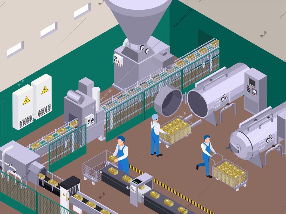 Canned food production isometric composition with indoor scenery of operating department with storage tanks and workers vector illustration