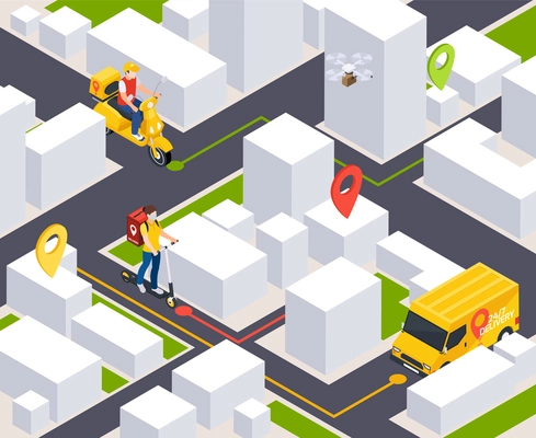 Delivery service isometric composition with view of city block with route lines location signs and vehicles vector illustration