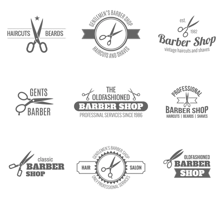 Barber shop scissors and shaves professional haircut and beard cut label black set isolated vector illustration