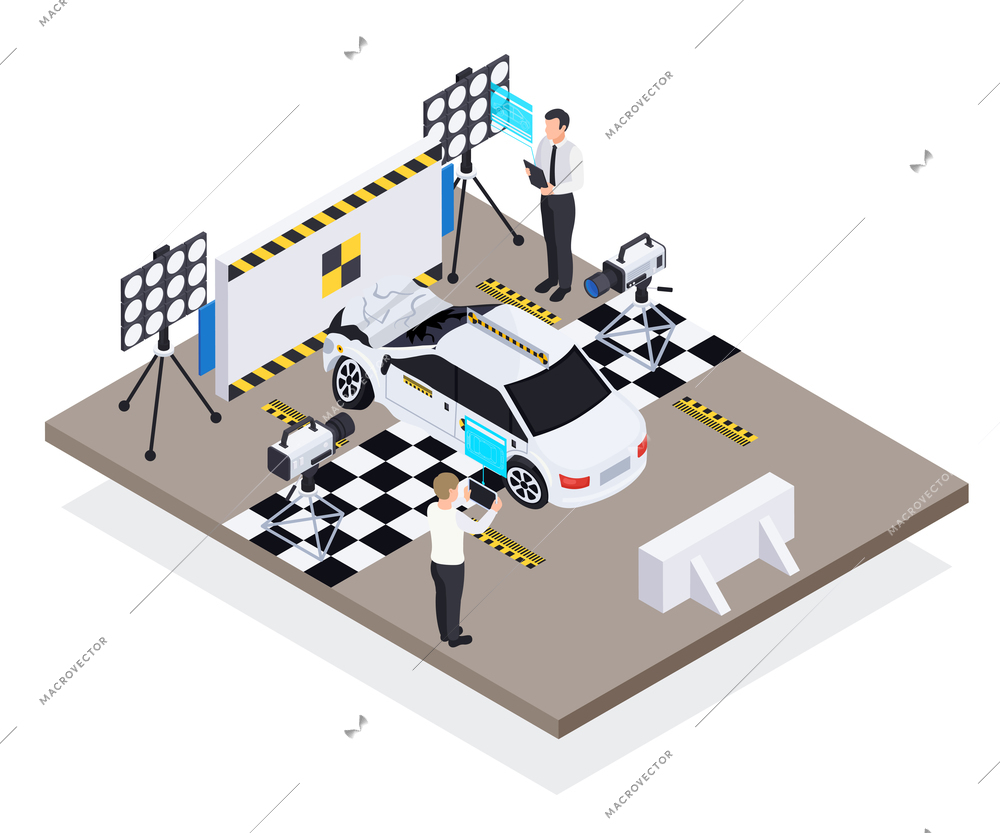 Crash test car safety isometric composition with view of test track with damaged automobile and people vector illustration
