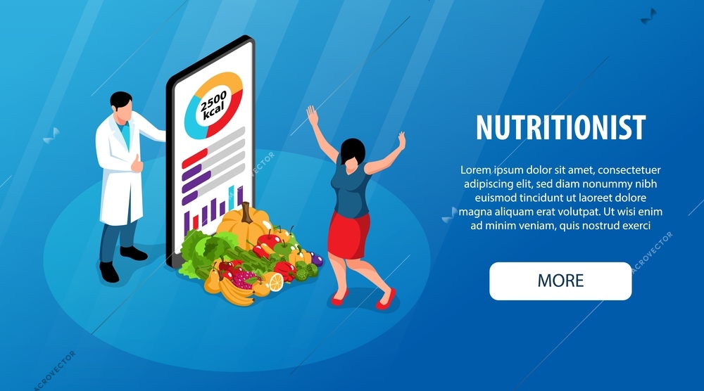 Nutritionist isometric horizontal banner with loosing weight symbols vector illustration