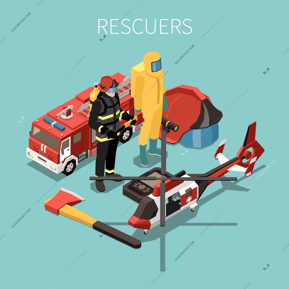 Rescuers isometric background with people in professional protective uniform ready help to victims of disaster vector illustration
