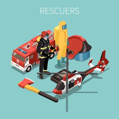 Rescuers isometric background with people in professional protective uniform ready help to victims of disaster vector illustration