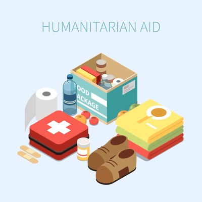 Humanitarian aid isometric poster with kid of basic necessities items so as food water clothes and medicines vector illustration