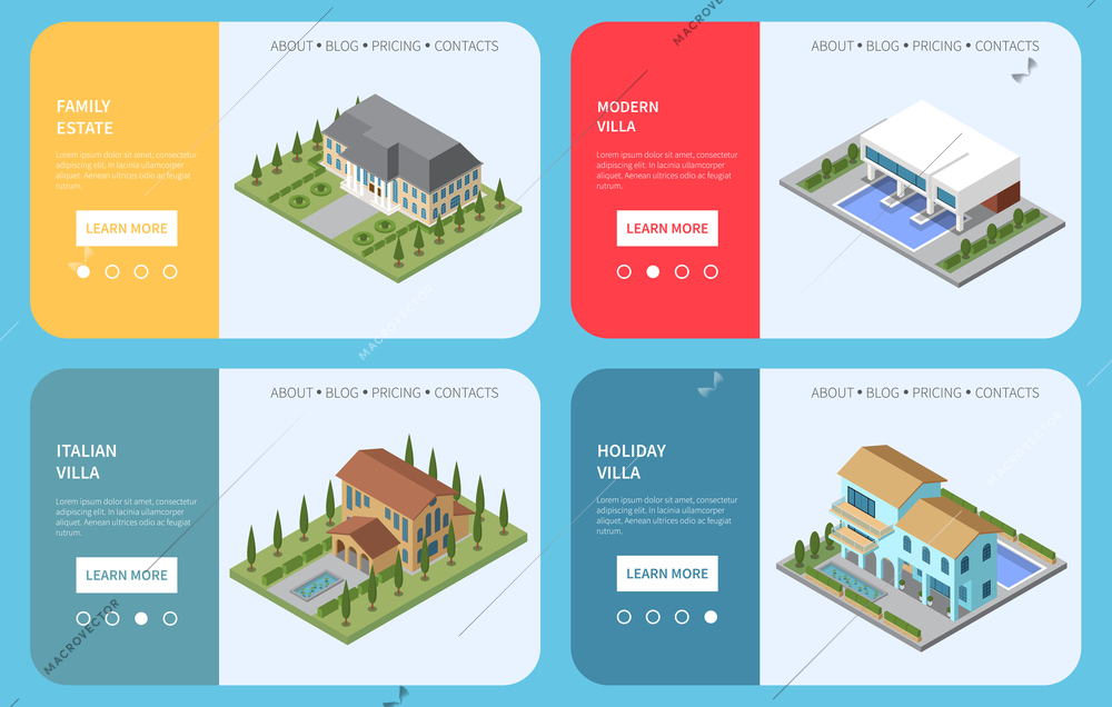 Mansion 2x2 design concept set of four landing pages with information about family estate and holiday villa isometric vector illustration