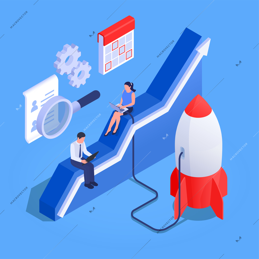 Business intelligence successful development symbols isometric background composition with charging rocket for launch growth arrow vector illustration