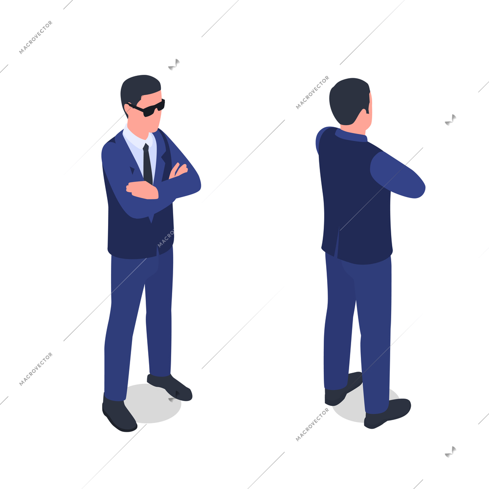 Bodyguard personal protection security officer isometric character in uniform armored vest standing upright controlling situation vector illustration