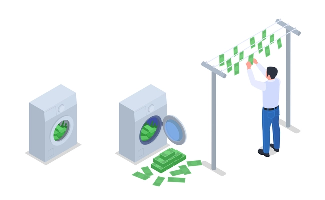 Corruption bribery money laundry man hanging banknotes on clothesline washing machines filled with cash isometric vector illustration