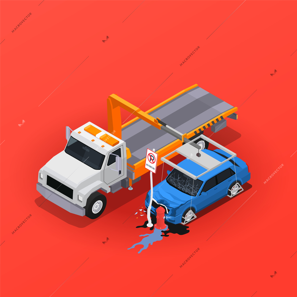 Traffic accidents isometric composition with car evacuator near damaged vehicle crashed into road sign red background vector illustration