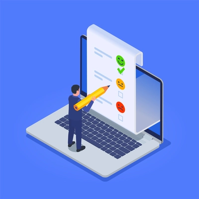 Customer experience software isometric composition standing on laptop keyboard man reviewing products with huge pencil vector illustration