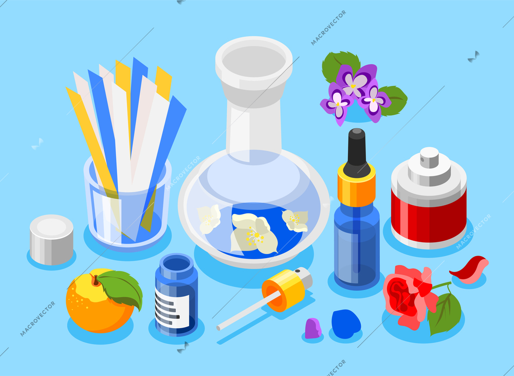 Perfume production concept with tester serum and sprayer symbols isometric vector illustration