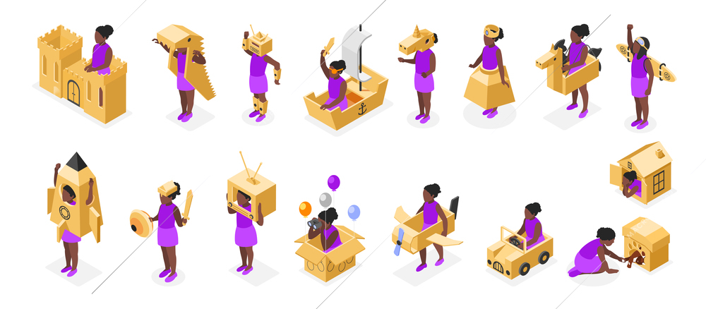 Cardboard toys recolor set with handmade toys symbols isometric isolated vector illustration