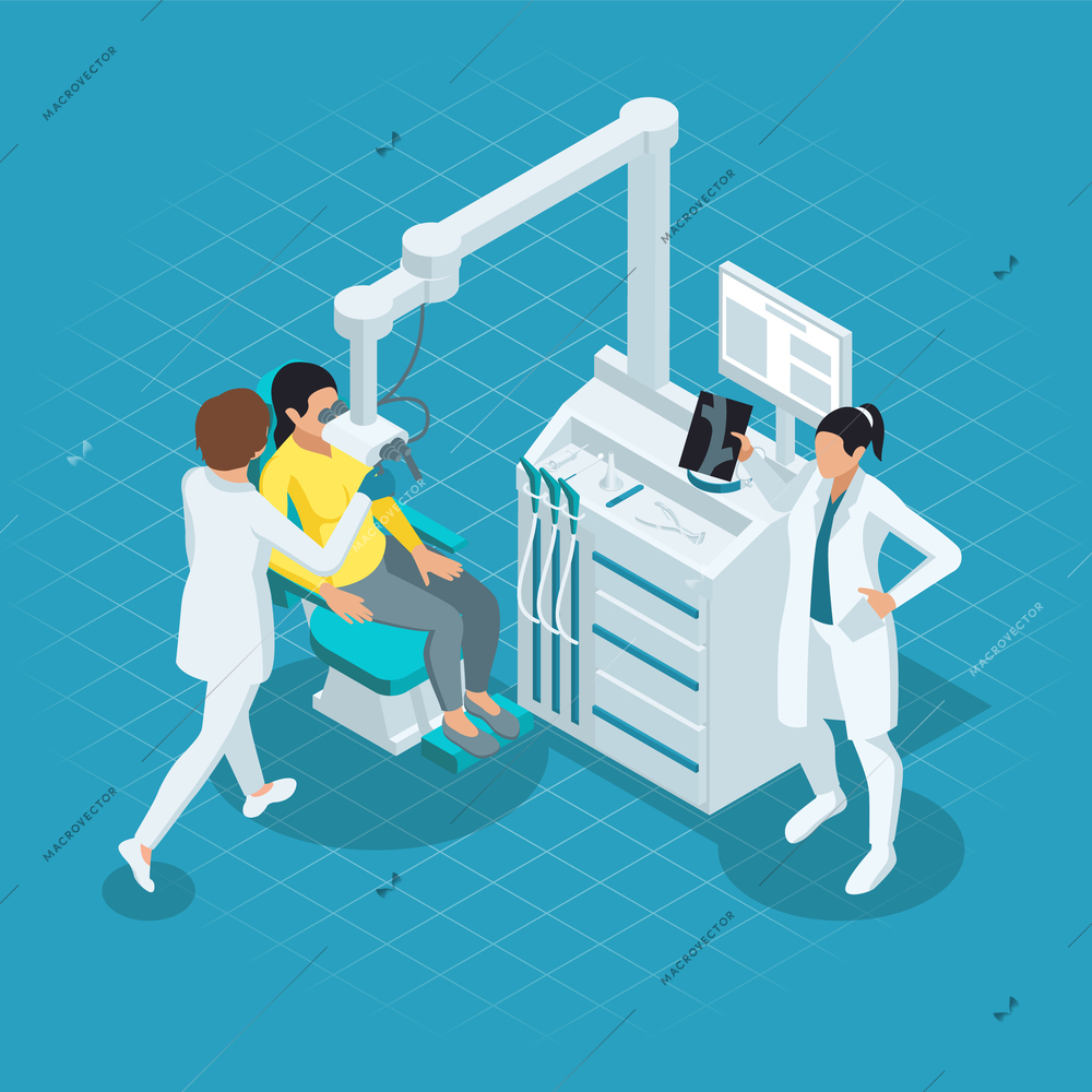 Otolaryngology isometric composition two medics check the patient s health on special machine vector illustration