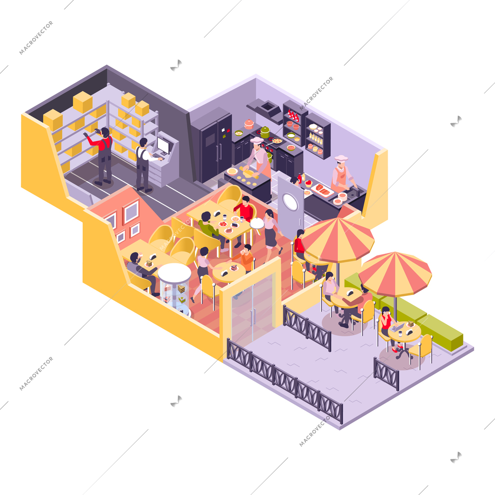 Restaurant cafe isometric concept with open place without a roof with several rooms where chefs cook, customers sit at tables and  veranda for outdoor gatherings vector illustration