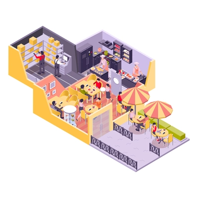 Restaurant cafe isometric concept with open place without a roof with several rooms where chefs cook, customers sit at tables and  veranda for outdoor gatherings vector illustration