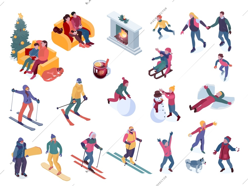 Set of isolated winter holiday isometric icons with people chilling on sofa making snowman skating skiing vector illustration