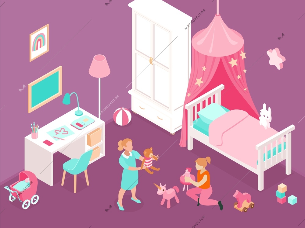 Two girls playing with toys in cozy room with colorful cute interior 3d isometric vector illustration