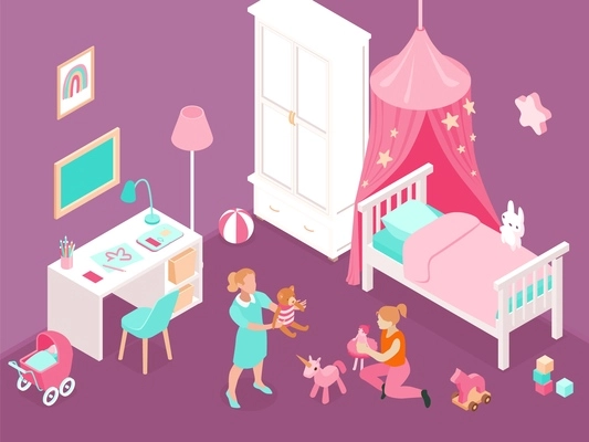 Two girls playing with toys in cozy room with colorful cute interior 3d isometric vector illustration