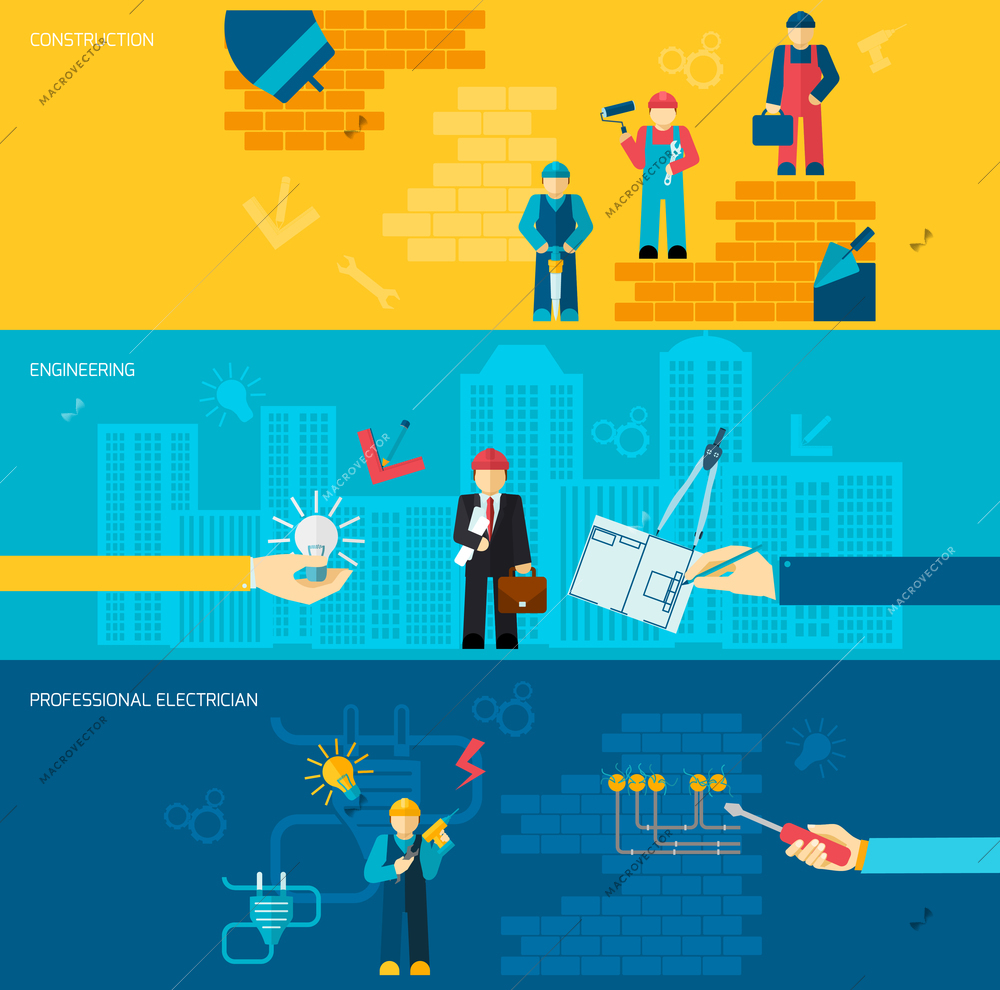 Construction professions banners flat set with engineering and professional electrician isolated vector illustration