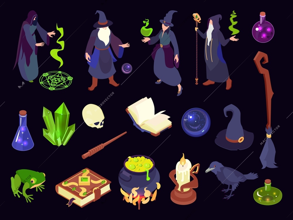 Isometric magic color set with witch wizard spell book potion toad cauldron crystal ball and other magical objects isolated on black background 3d vector illustration