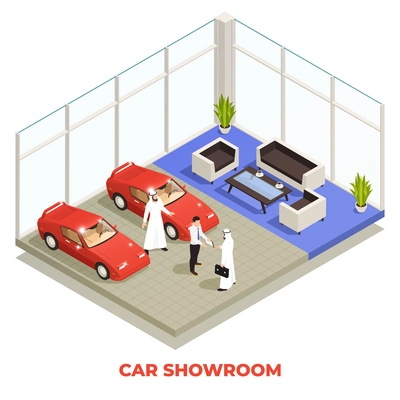Arab muslims saudi modern isometric people composition with muslim characters selling luxury cars in a store vector illustration