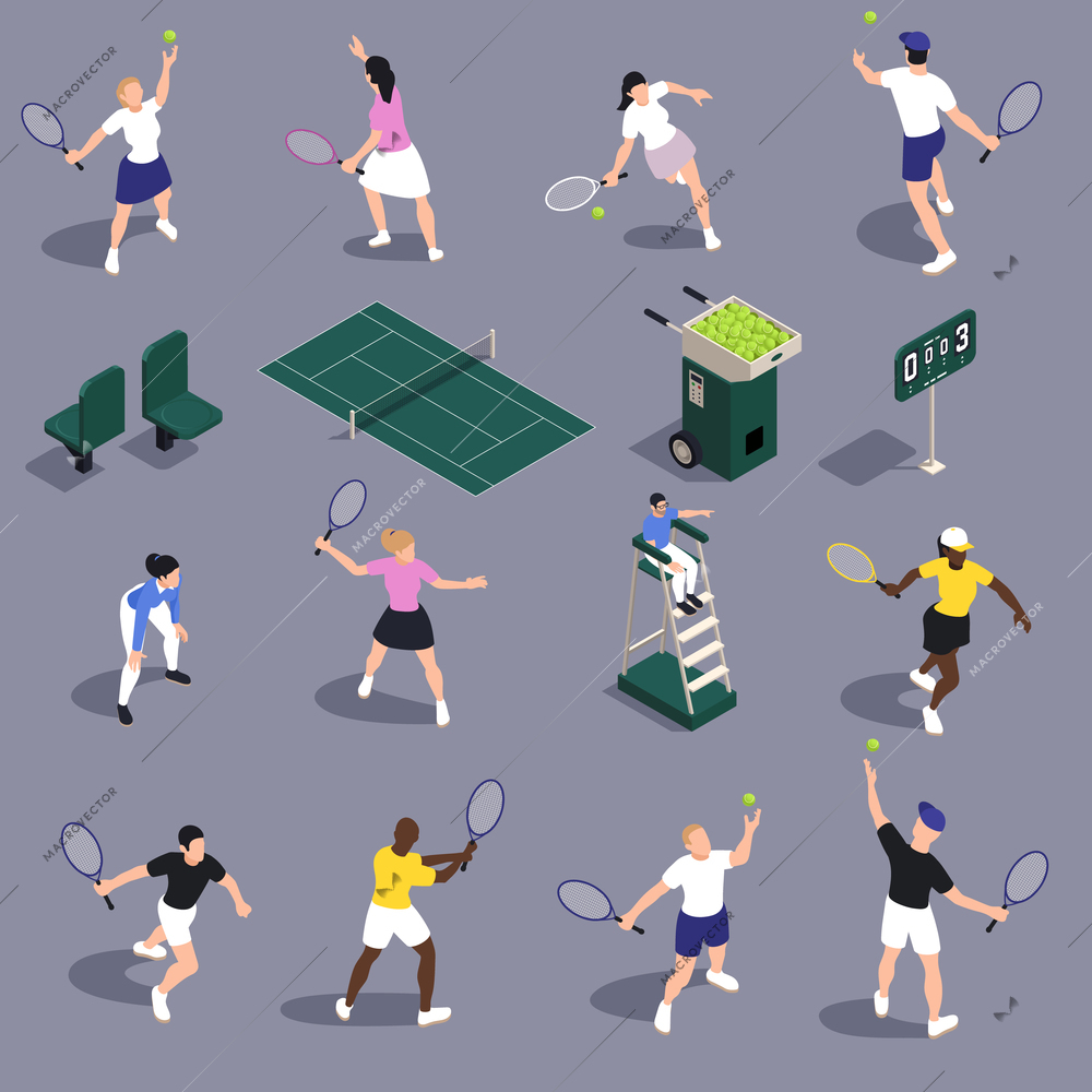 Tennis isometric set of isolated icons with court elements and human characters of game players motion vector illustration