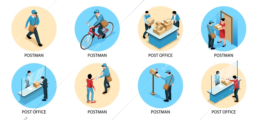 Postal service round compositions set of postman courier and post office isometric images isolated vector illustration