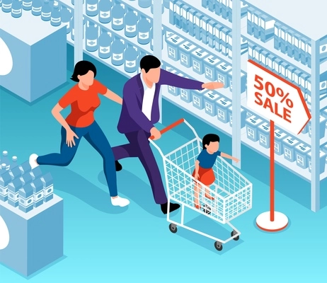 Family shopping isometric background with mother father running to shop participate in sale process with their child in cart vector illustration