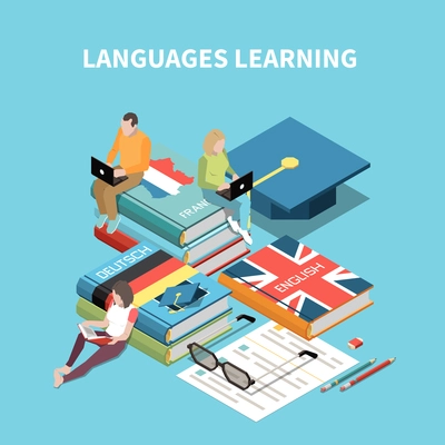 Language learning courses isometric composition with textbooks and students on colored background 3d vector illustration