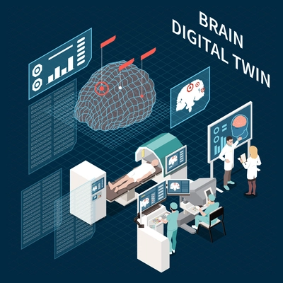 Digital twin technology isometric composition with human brain scanning process in laboratory 3d vector illustration