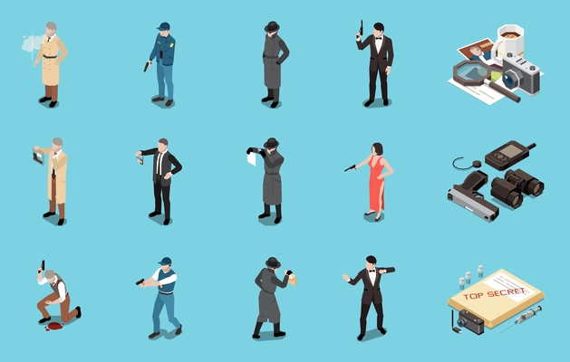 Detective spy special agent isometric set with male and female human characters weapons and equipment for surveillance isolated on blue background 3d vector illustration