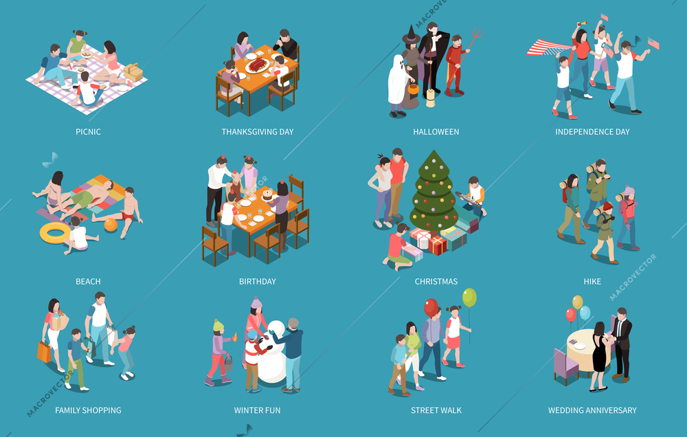 Families celebrating holidays walking hiking having picnic and doing shopping together isometric set isolated on color background 3d vector illustration