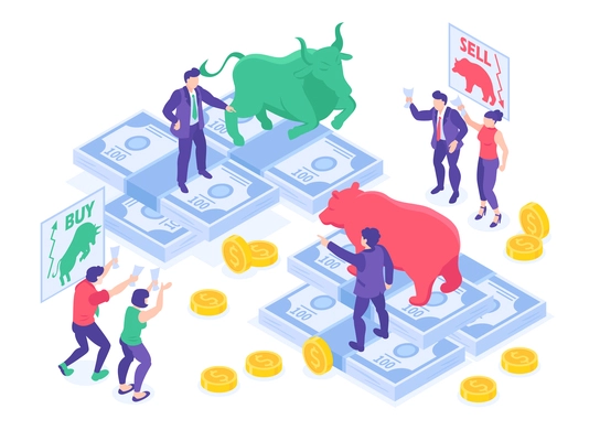 Isometric concept of finance and stock market bulls vs bears with human characters and money 3d vector illustration