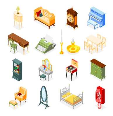 Set of isolated antique interior isometric icons with cabinets beds with chairs candle piano and phone vector illustration