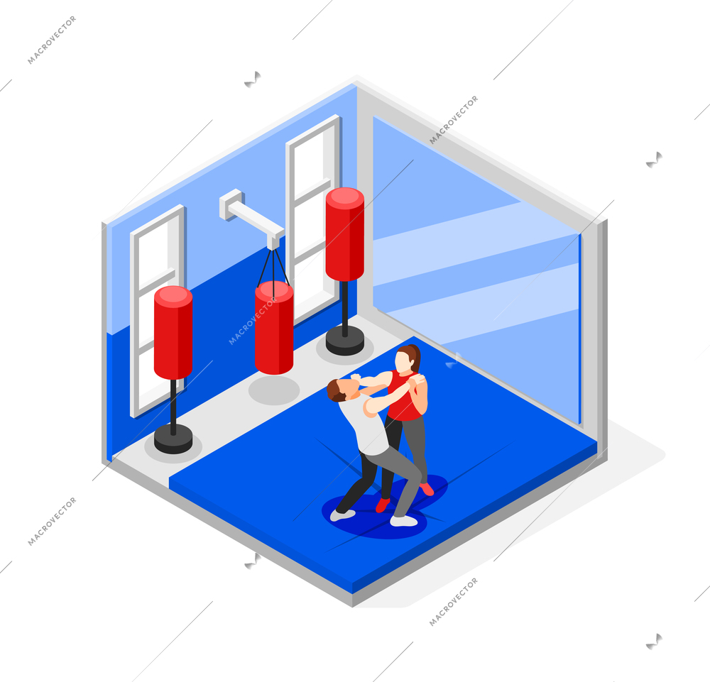 Self defense isometric composition with view of gym with punch bags and trainer character teaching woman vector illustration