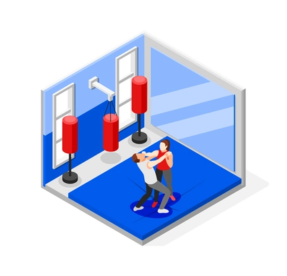 Self defense isometric composition with view of gym with punch bags and trainer character teaching woman vector illustration