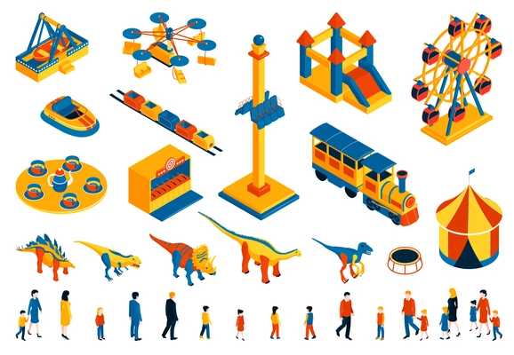 Amusement park set with dinosaurs carousel and steam train isometric isolated vector illustration