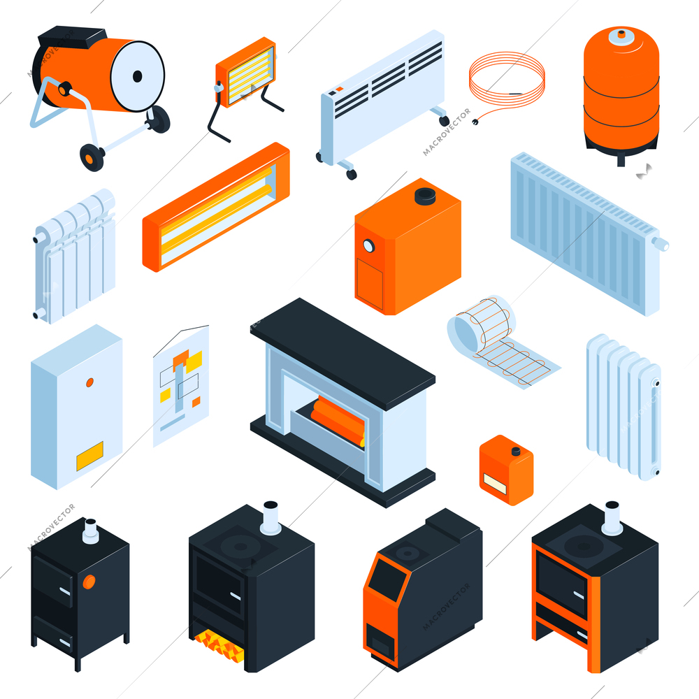 Heating system and boiler set with convector and radiator isometric isolated vector illustration