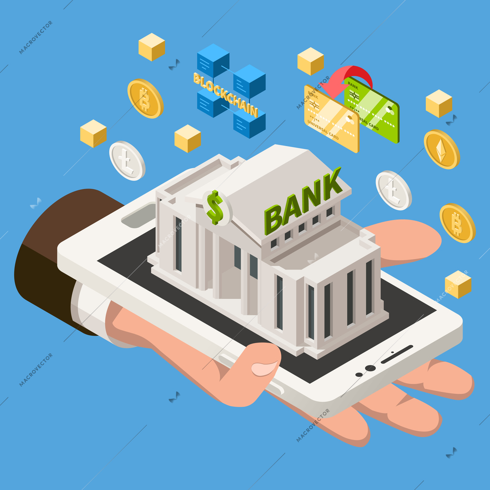 Fintech isometric composition with image of human hand holding smartphone with bank building and currency icons vector illustration