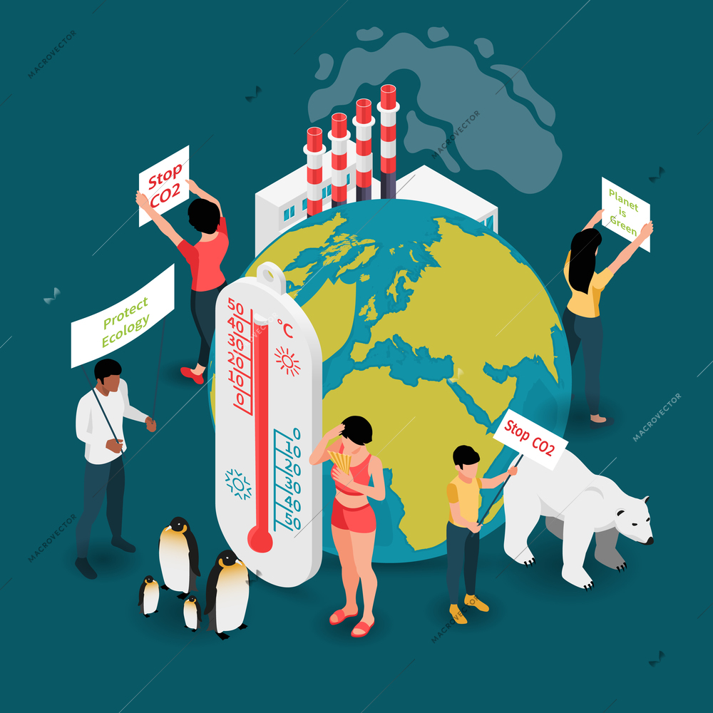 Global warming isometric composition with view of earth globe surrounded by human activists and polar animals vector illustration