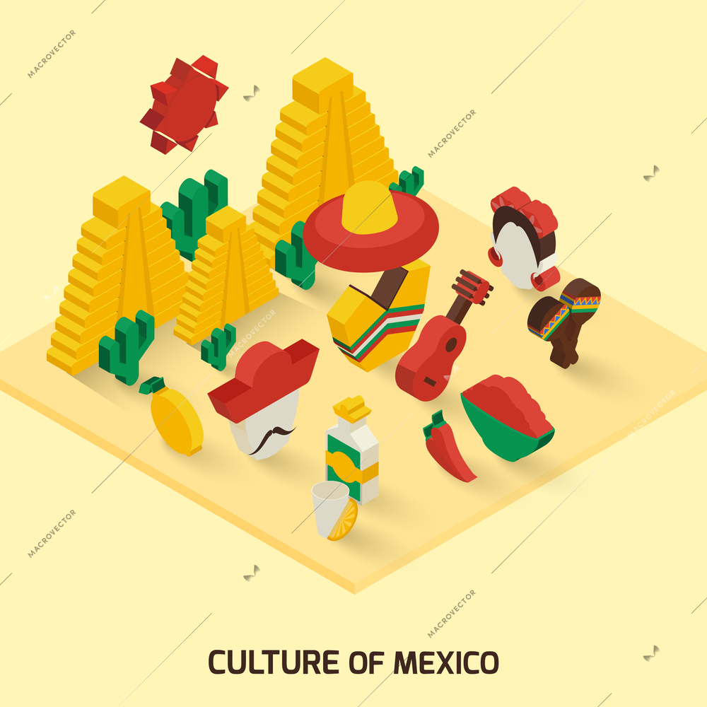 Mexican decorative icon isometric concept with pyramid guitar maraca vector illustration